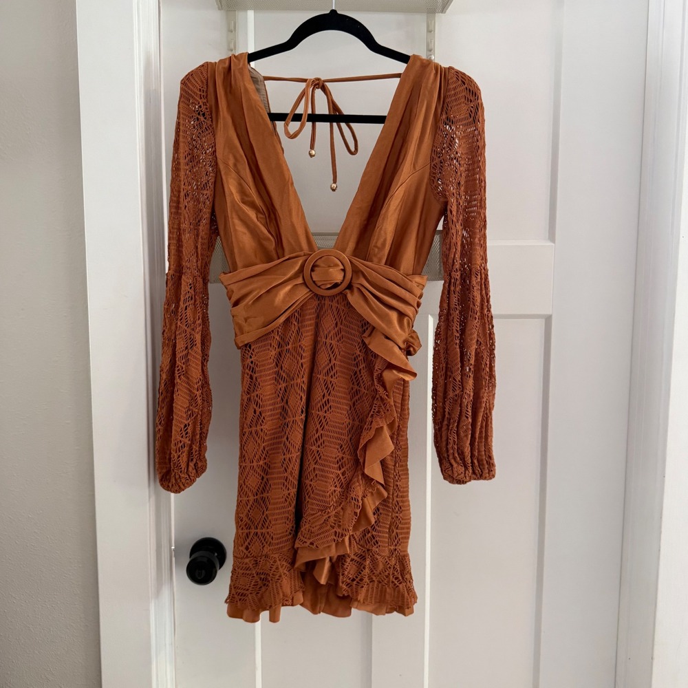 PatBO X Fashionpass Lace Plunge Mini Dress Brown Rust XL Resort Vacay Luxury